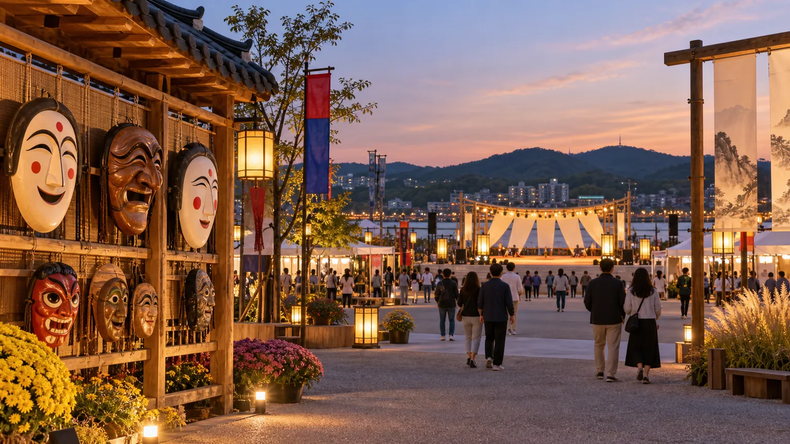 An evening Korean festival plaza with a traditional mask display and visitors approaching an outdoor performance area.
