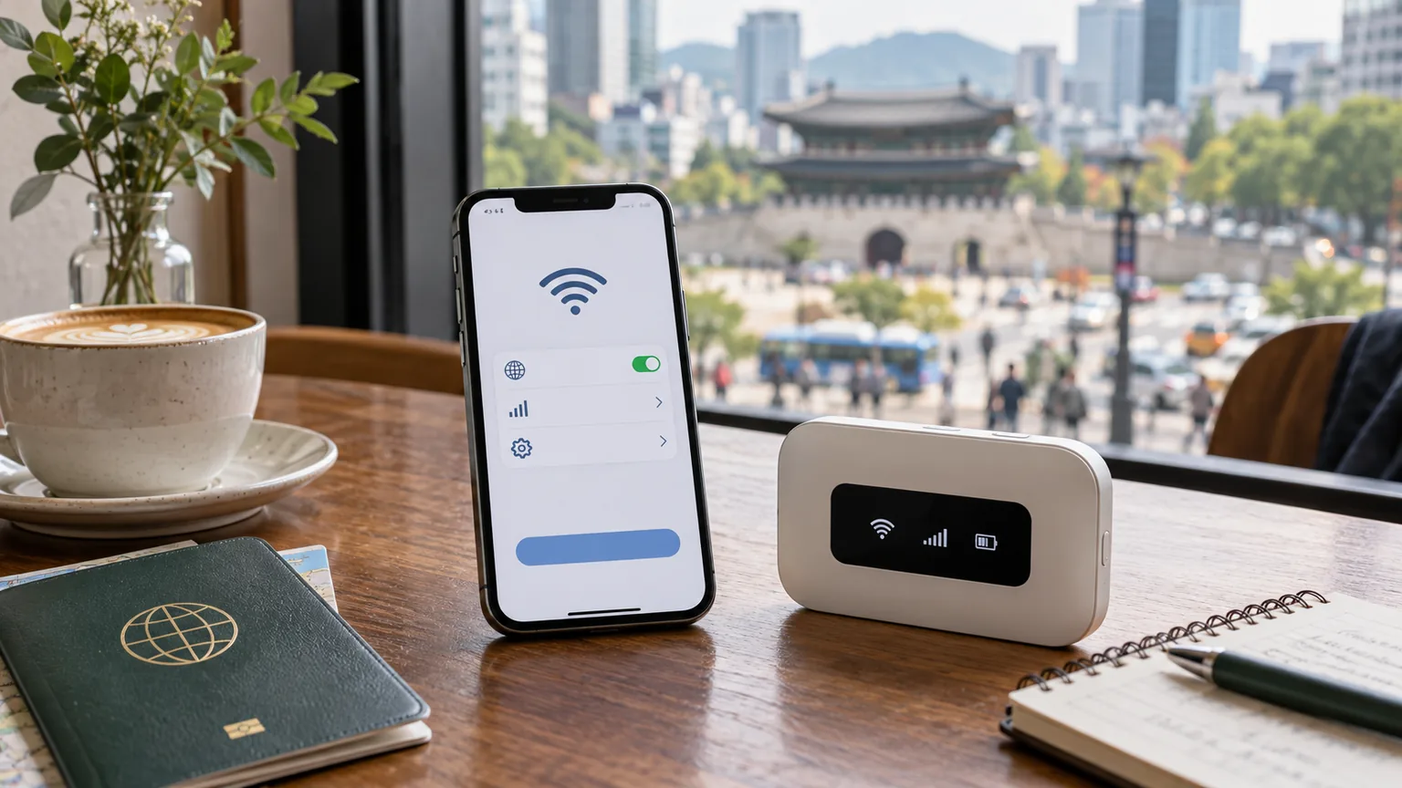 Un celular y un router WiFi portátil sobre una mesa con Seúl al fondo