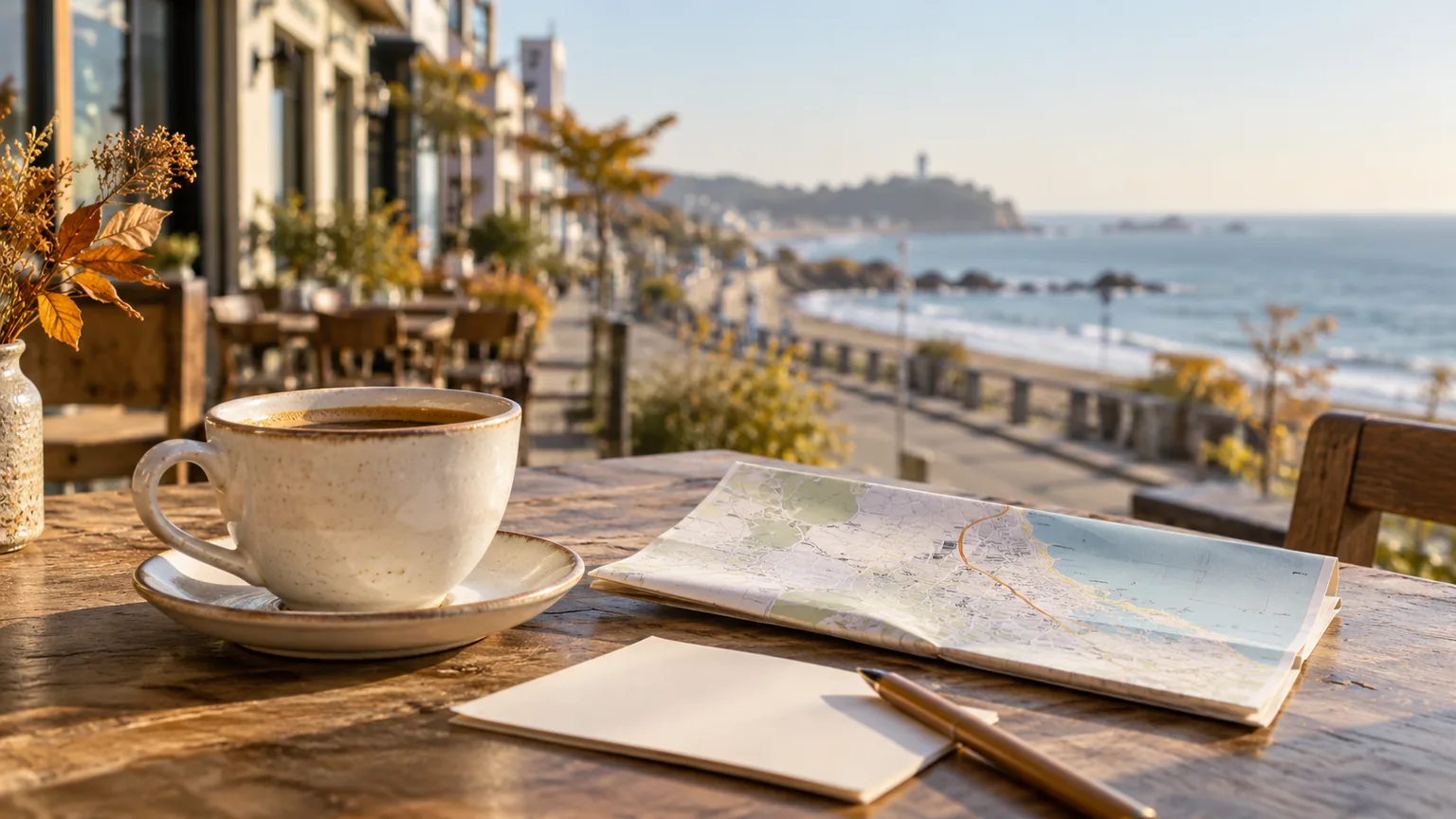 Coffee cup, folded map, and blank itinerary card on a table overlooking a Korean seaside coffee street.