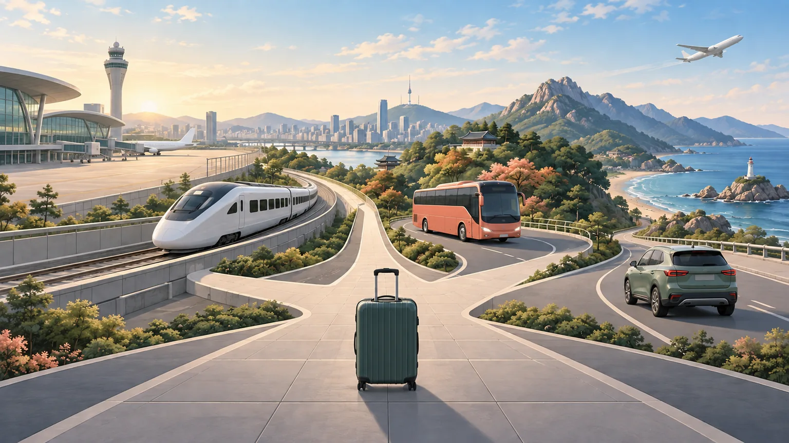 Editorial illustration of a suitcase facing routes by high-speed train, intercity coach, rental car, and domestic flight from a Korean airport