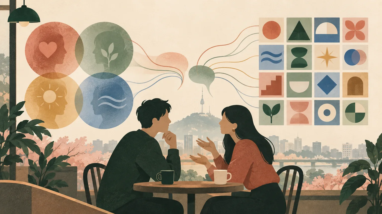 Editorial illustration of four circular personality symbols transforming into sixteen tiles as two people talk in Seoul