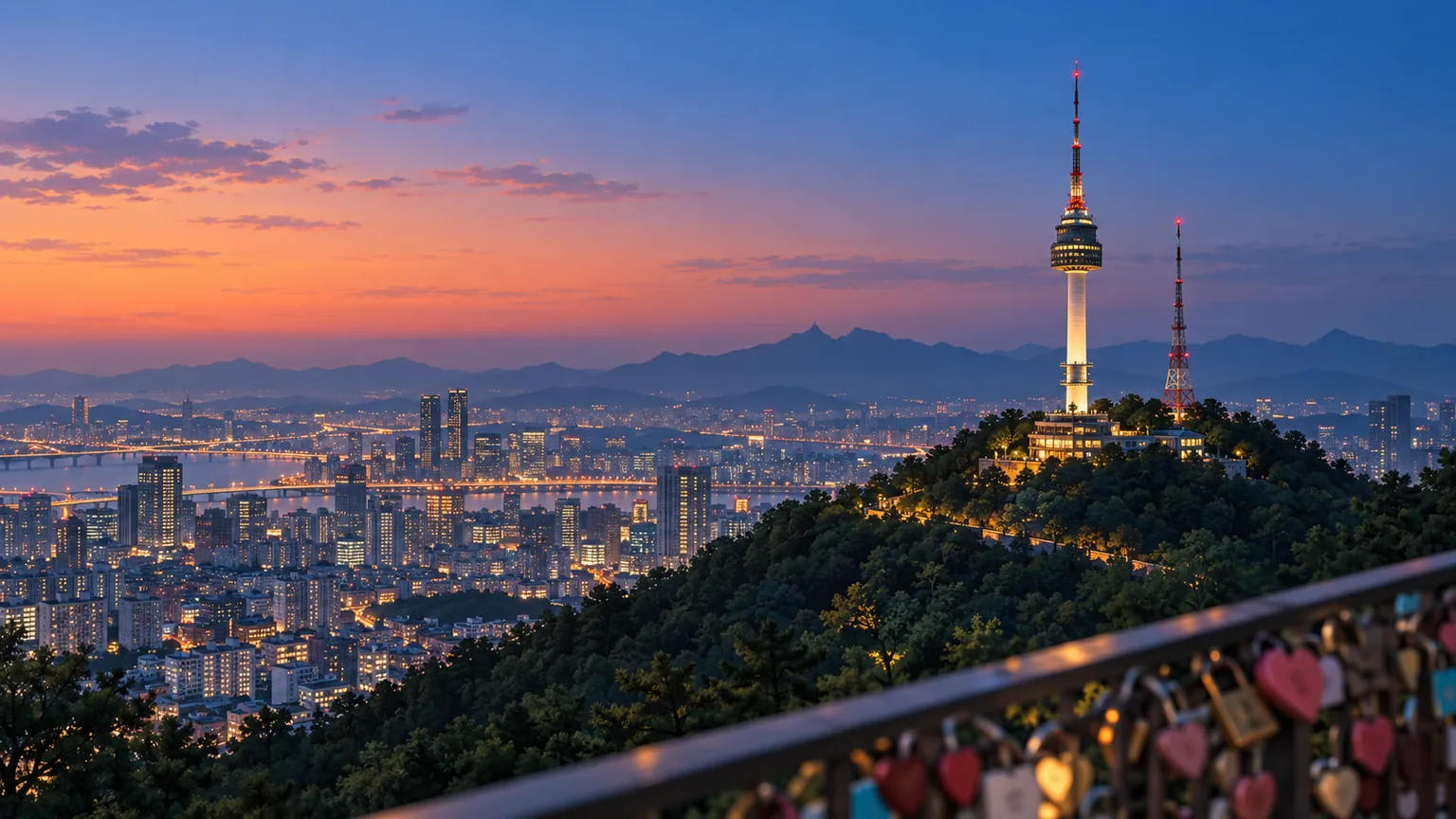 Editorial dusk view of N Seoul Tower above the Seoul skyline with love locks in the foreground