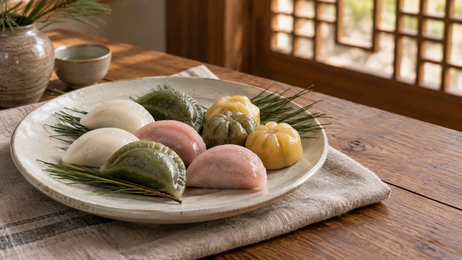 Assorted white, green, pink, and yellow songpyeon arranged on pine needles on a ceramic plate