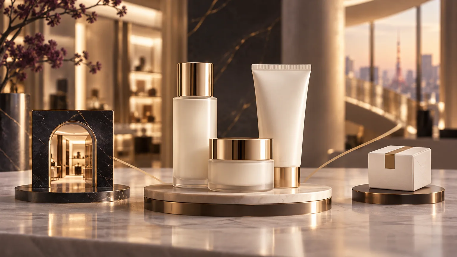 Unbranded ivory skincare vessels beside abstract store and parcel symbols in a warm Japanese department-store setting.